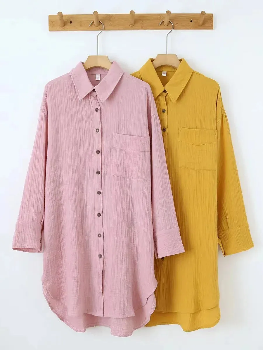 100% Cotton Long Sleeve Chic Shirt Dress with Turn-Down Collar for Women – Elegant Party & Casual Wear