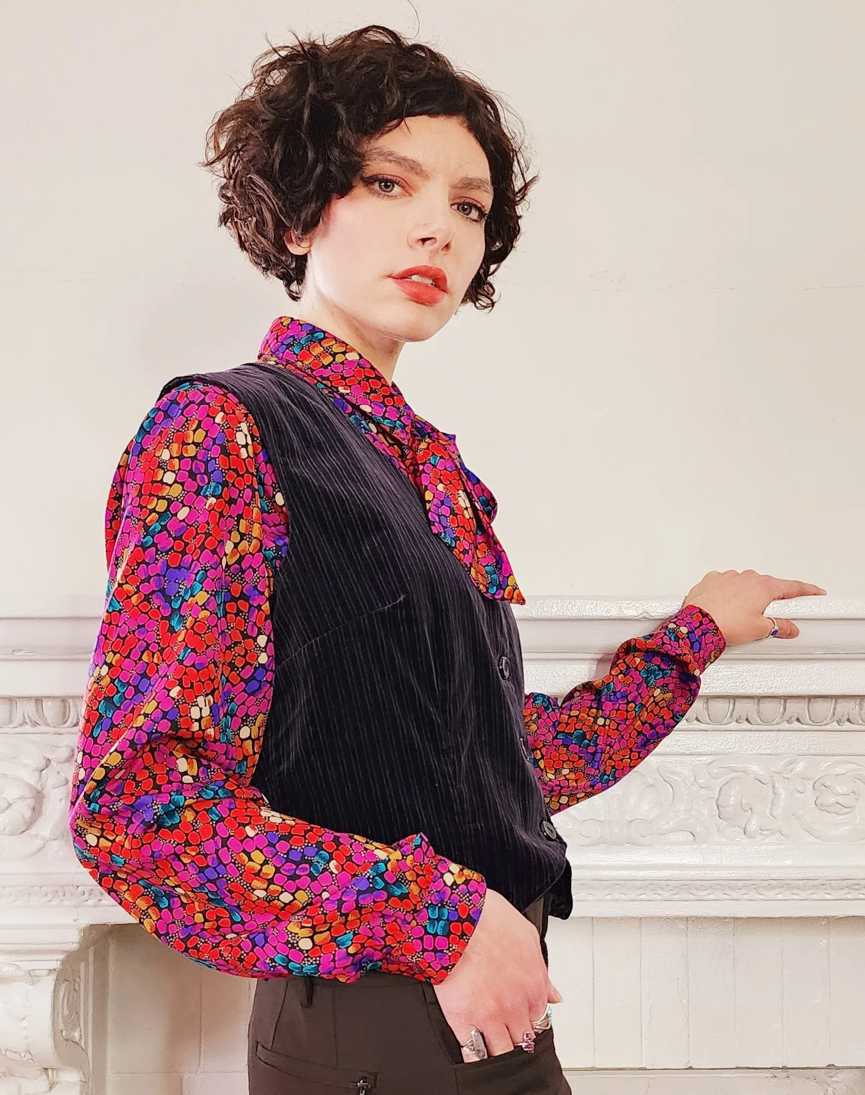 1970s Black Velvet Vest  with Button Down Front Medium