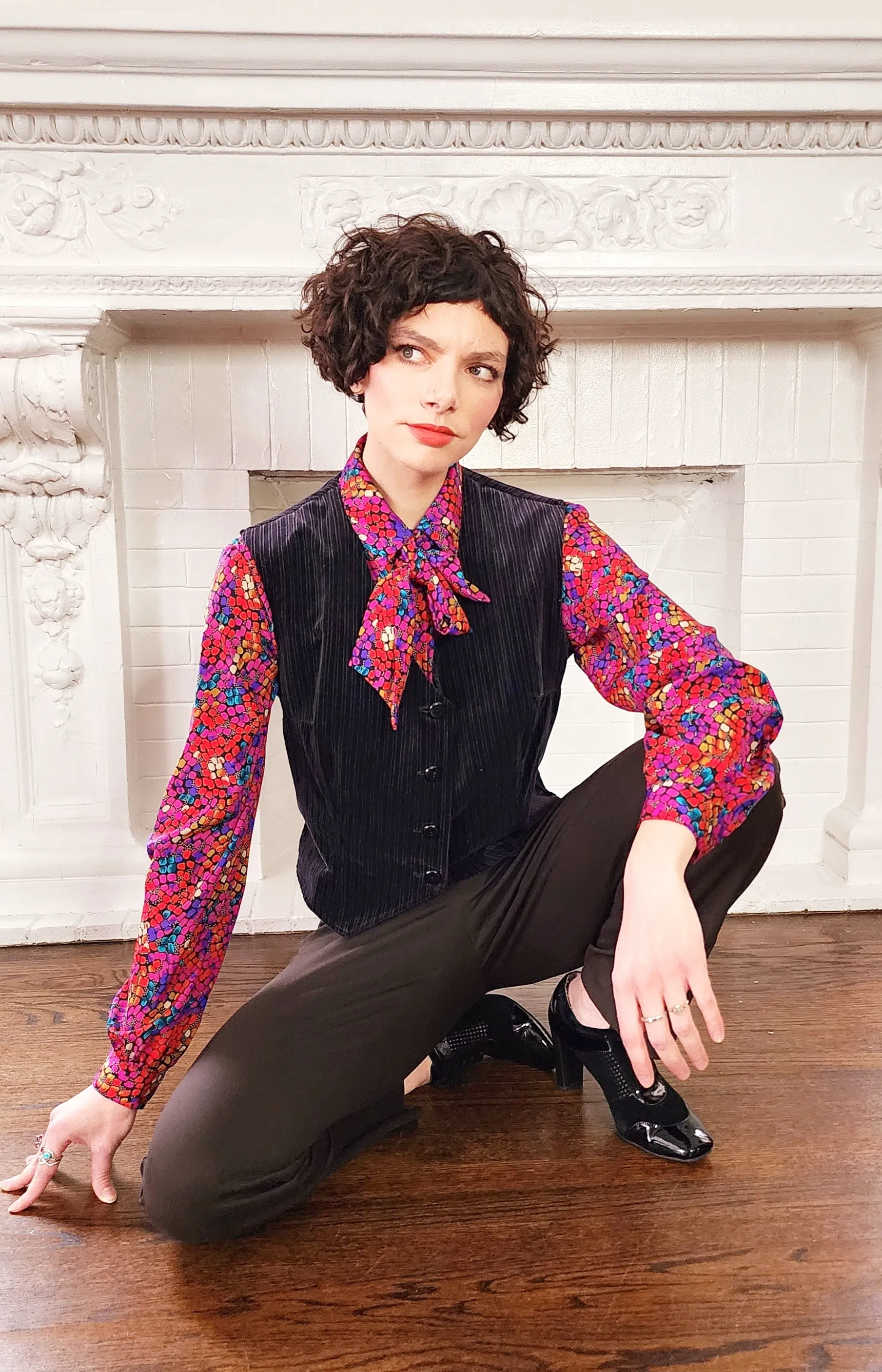 1970s Black Velvet Vest  with Button Down Front Medium