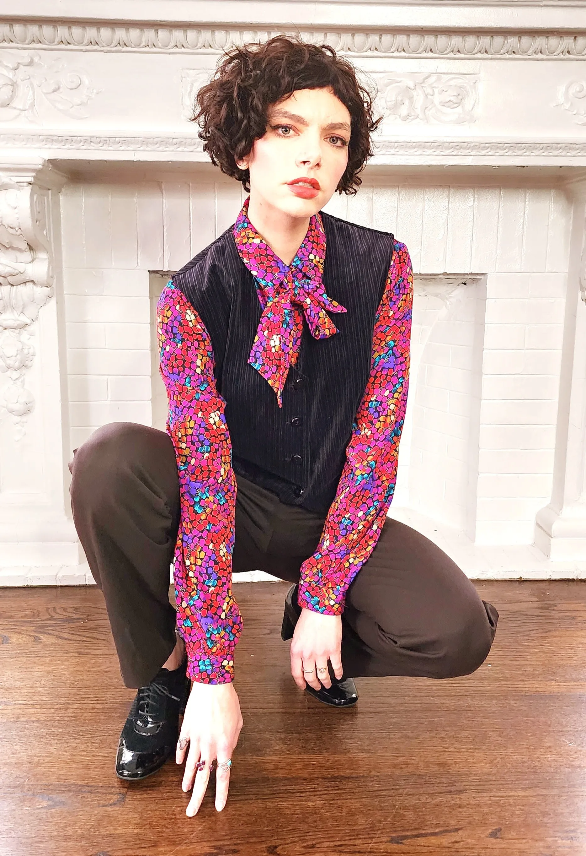 1970s Black Velvet Vest  with Button Down Front Medium
