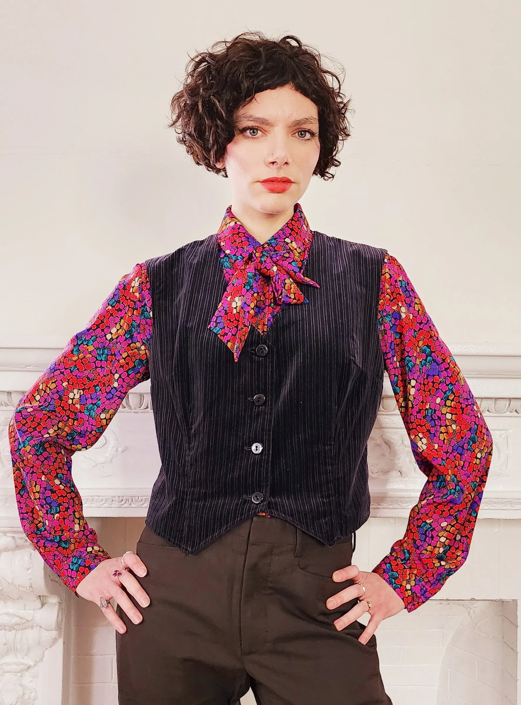 1970s Black Velvet Vest  with Button Down Front Medium
