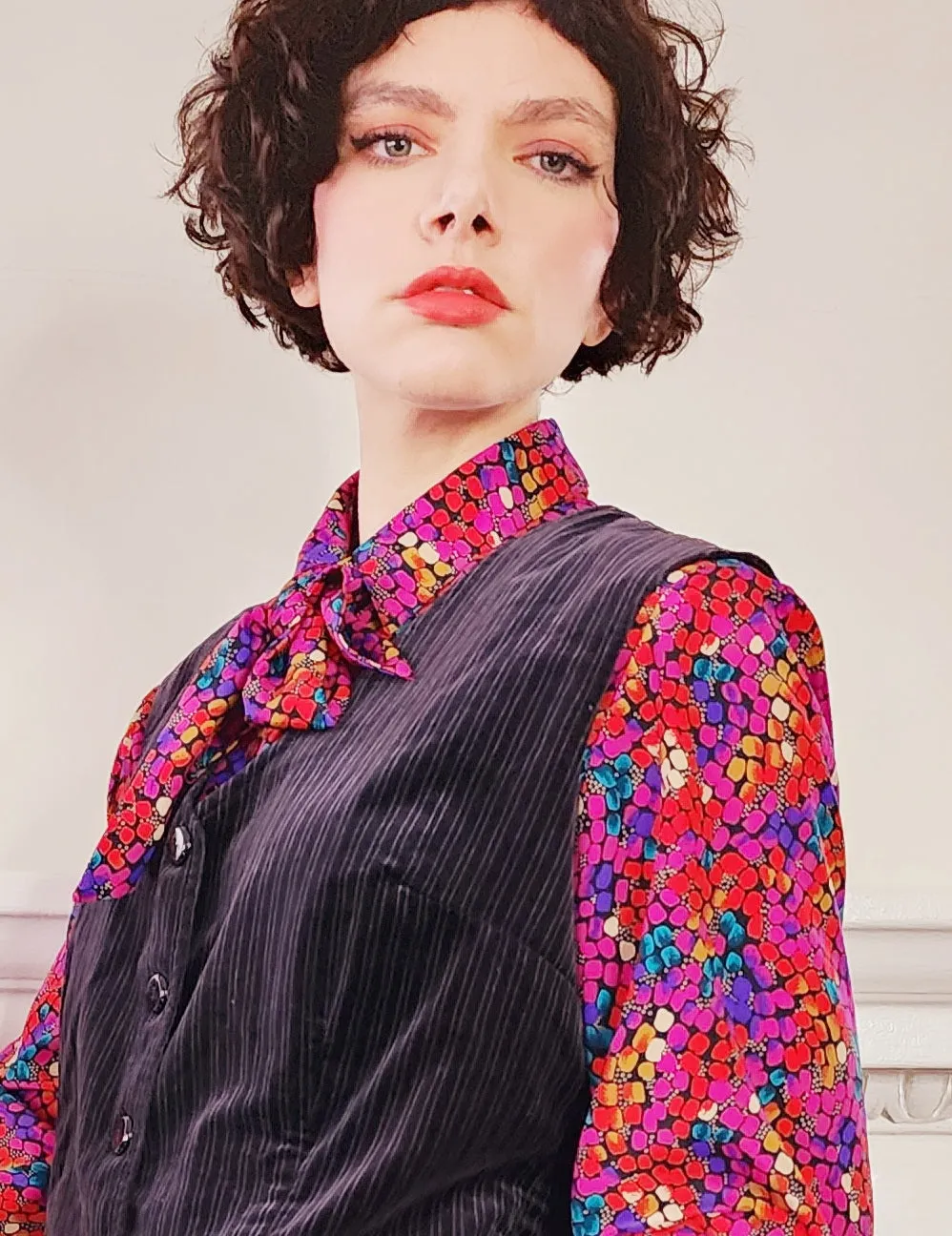 1970s Black Velvet Vest  with Button Down Front Medium