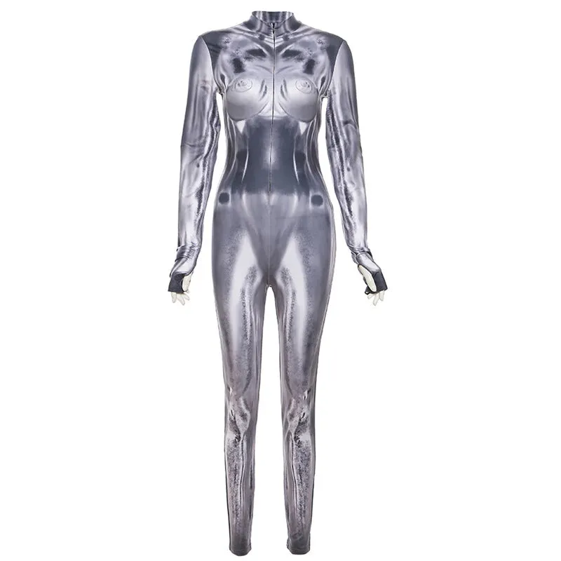 2023European and American Style New Fall Women's Clothing Casual Long Sleeve Digital Printing Slim Fit High Top Sports One-Piece Trousers for Women