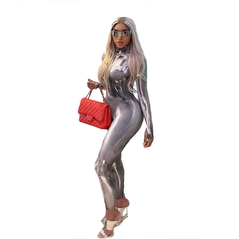 2023European and American Style New Fall Women's Clothing Casual Long Sleeve Digital Printing Slim Fit High Top Sports One-Piece Trousers for Women