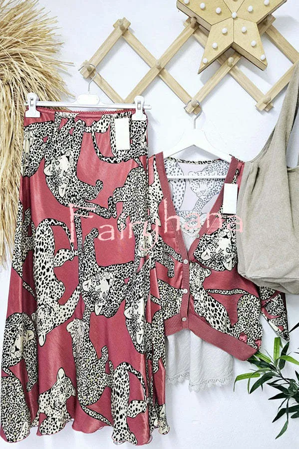 Abbie Satin Tiger Print High Rise Elastic Waist Maxi Skirt