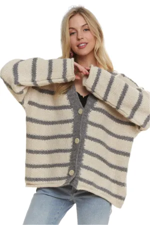 ADORA Horizontally Striped Button Up Cardigan