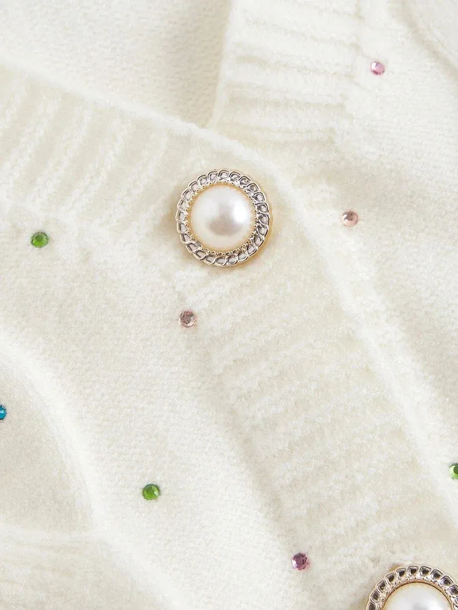 Allison Sparkling Knit Cardigan with Embroidered Detail in White