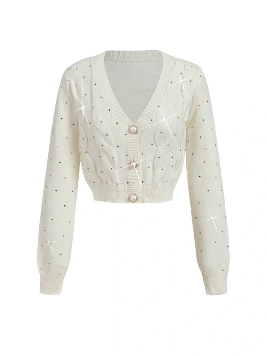 Allison Sparkling Knit Cardigan with Embroidered Detail in White