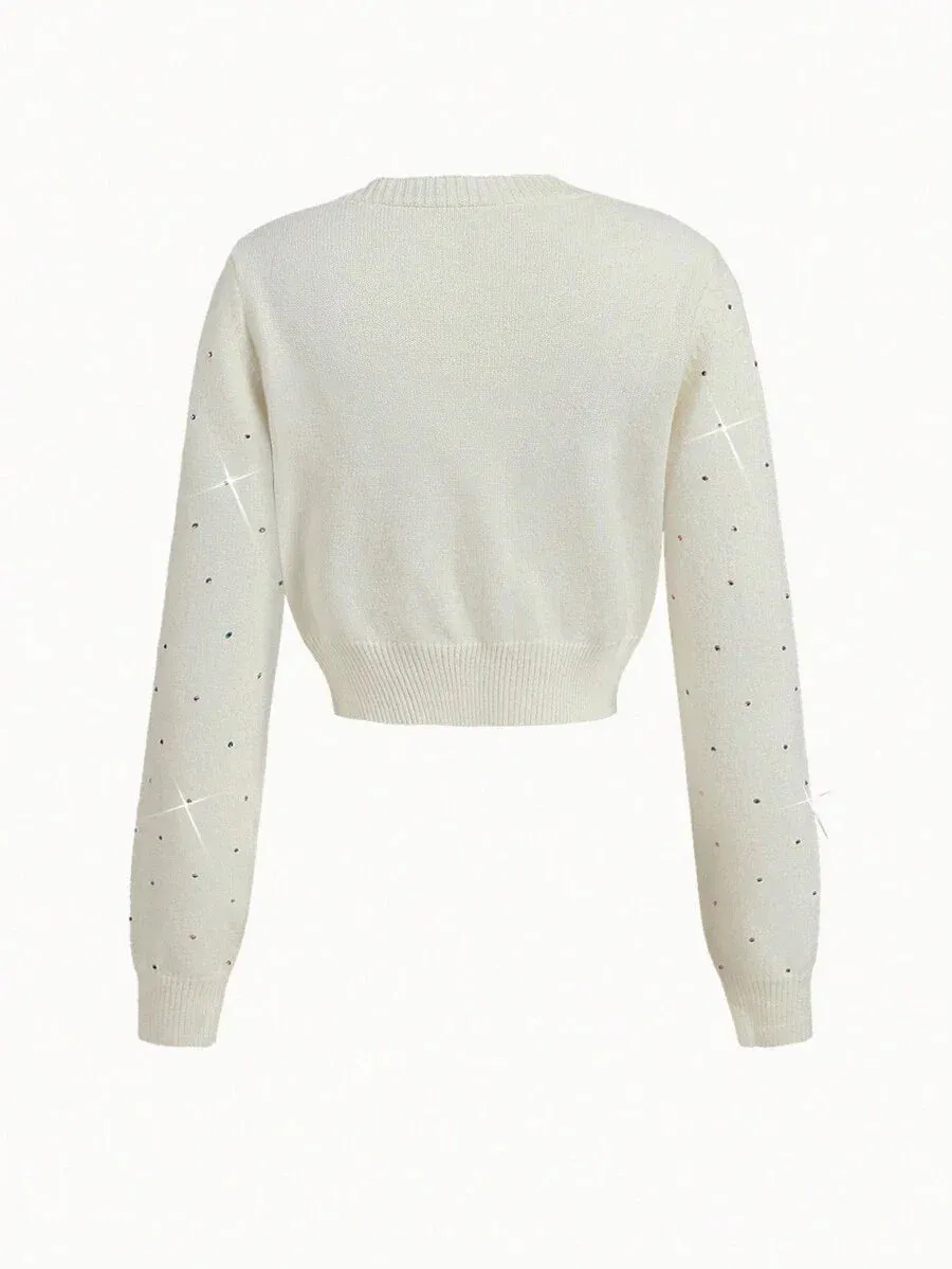 Allison Sparkling Knit Cardigan with Embroidered Detail in White