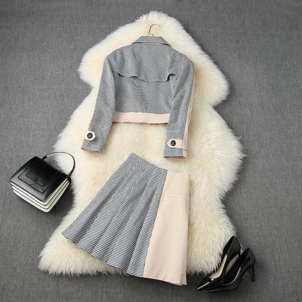 Apricot Splicing Houndstooth Single-breasted Coat Jacket Skirt Two-piece Set