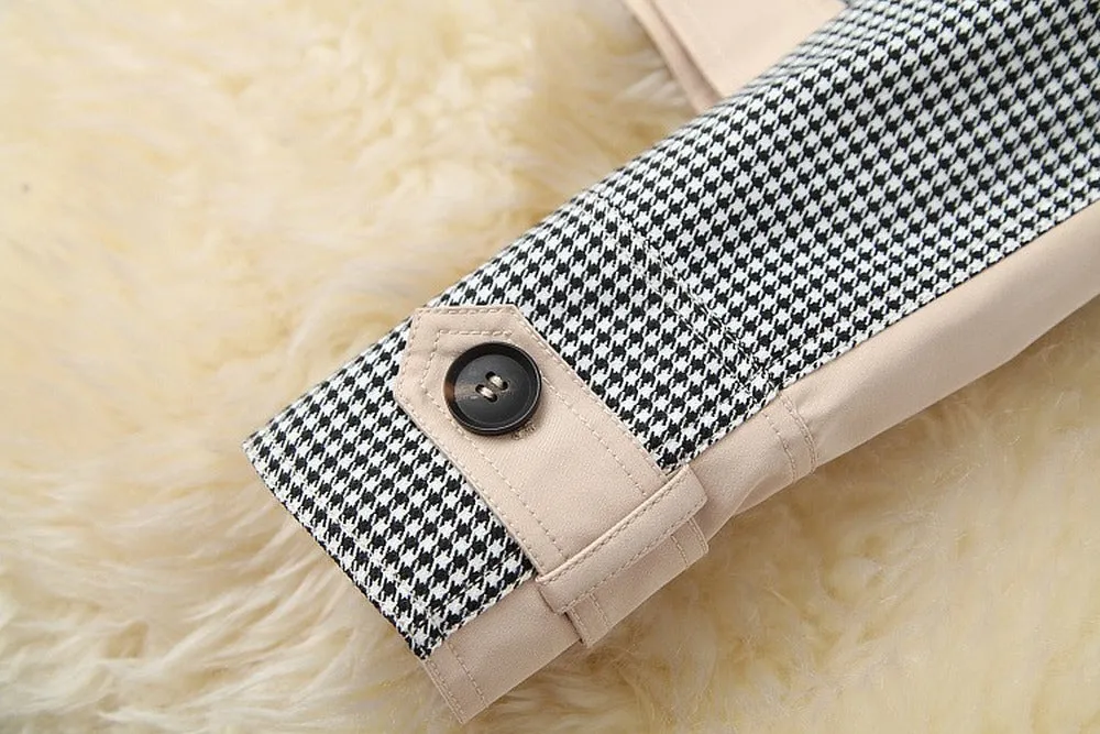 Apricot Splicing Houndstooth Single-breasted Coat Jacket Skirt Two-piece Set