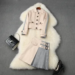 Apricot Splicing Houndstooth Single-breasted Coat Jacket Skirt Two-piece Set