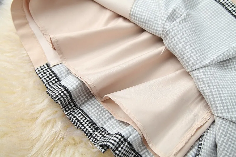 Apricot Splicing Houndstooth Single-breasted Coat Jacket Skirt Two-piece Set