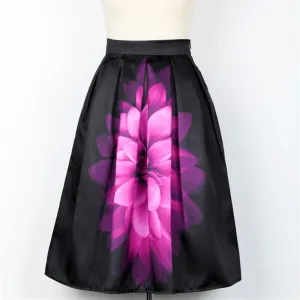 Audrey Hepburn Vintage Retro Fantasy Purple Flower Floral Print High Waist Pleated Midi Skirt Black Saias