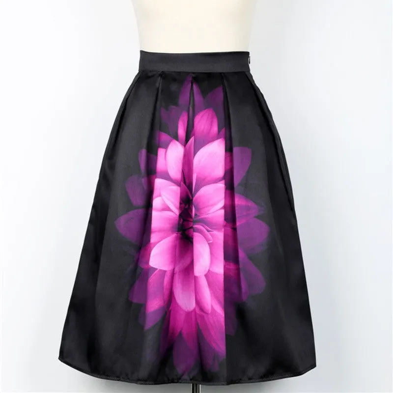 Audrey Hepburn Vintage Retro Fantasy Purple Flower Floral Print High Waist Pleated Midi Skirt Black Saias