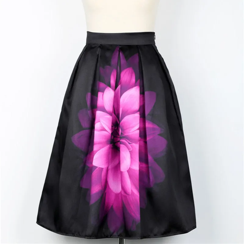 Audrey Hepburn Vintage Retro Fantasy Purple Flower Floral Print High Waist Pleated Midi Skirt Black Saias