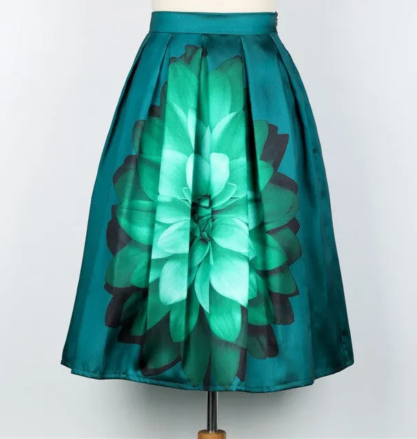 Audrey Hepburn Vintage Retro Fantasy Purple Flower Floral Print High Waist Pleated Midi Skirt Black Saias