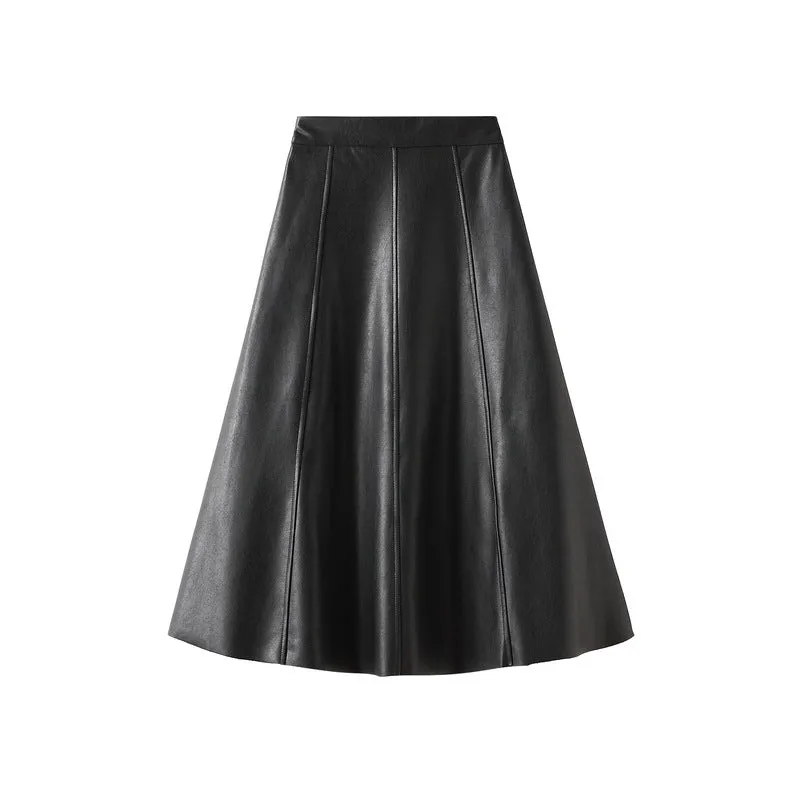 Autumn and Winter High-waisted Mid-length PU Leather Skirt for Women