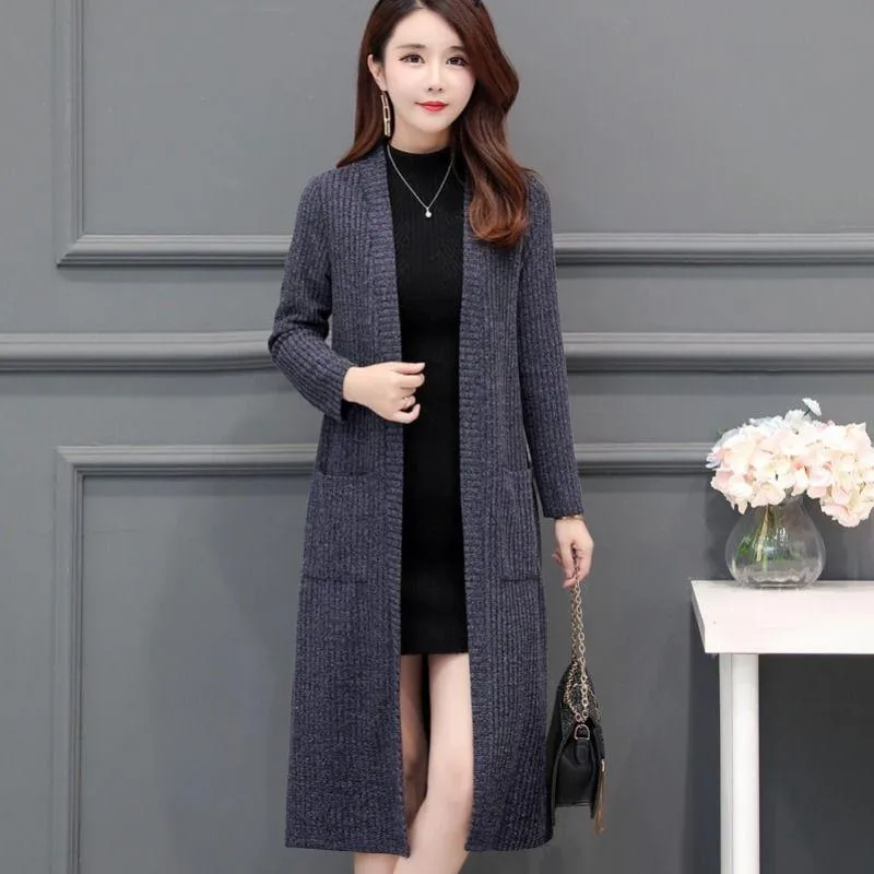 Autumn and Winter Knitted Cardigan Jacket Mid-length Thick Long-sleeved Sweater Pure Color Simple Female Jacket