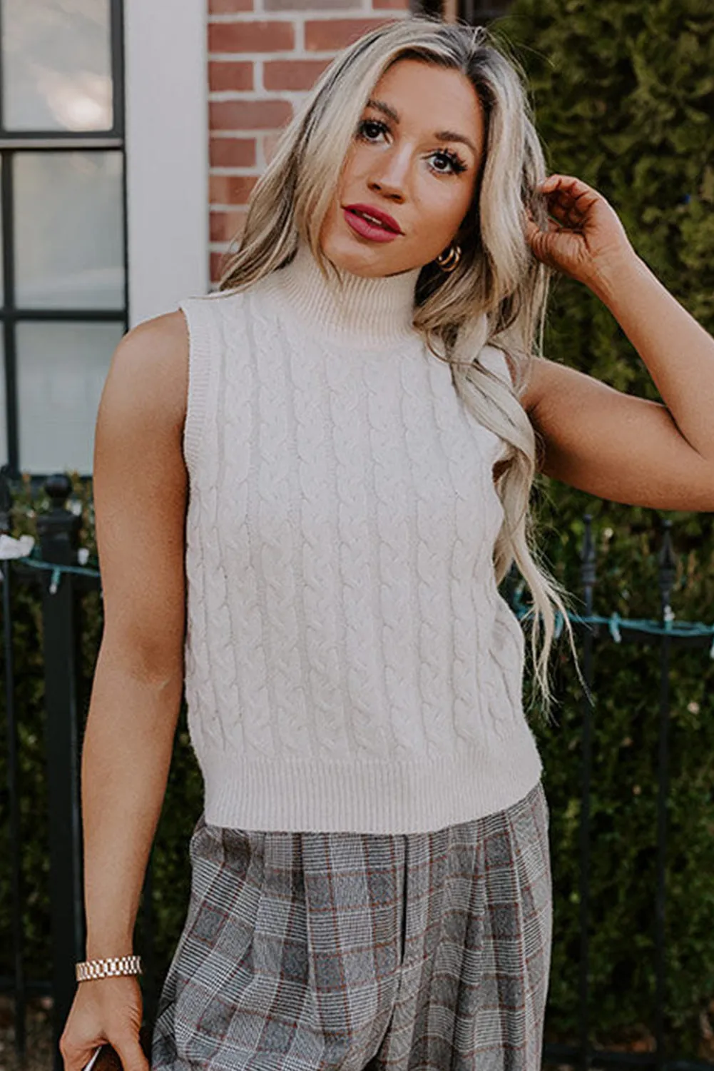 Beige Cable Knit Turtleneck Sleeveless Sweater Top