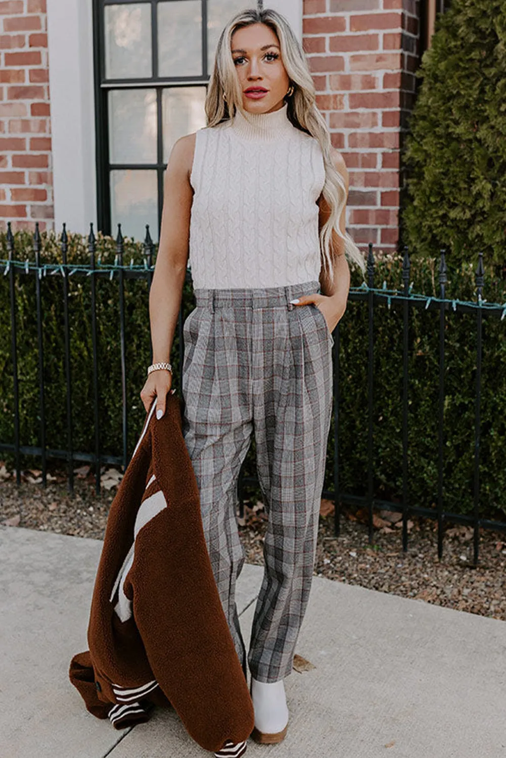 Beige Cable Knit Turtleneck Sleeveless Sweater Top