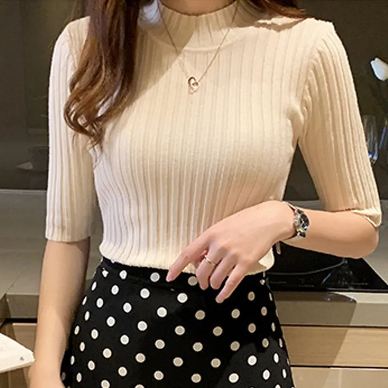 Beige High Neck Knit Top