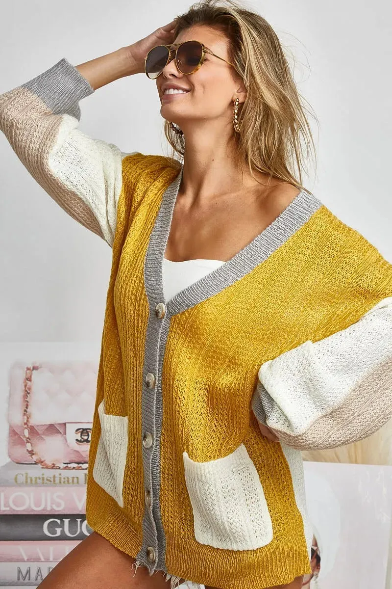 BiBi Color Block Sweater Cardigan with Button Closure