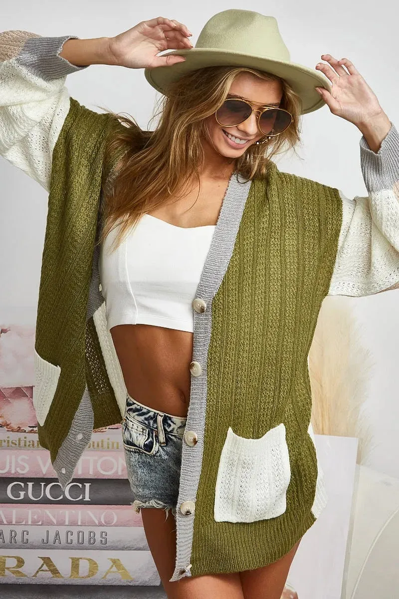 BiBi Color Block Sweater Cardigan with Button Closure