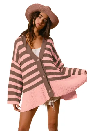 BiBi Slit Striped V-Neck Button Up Cardigan