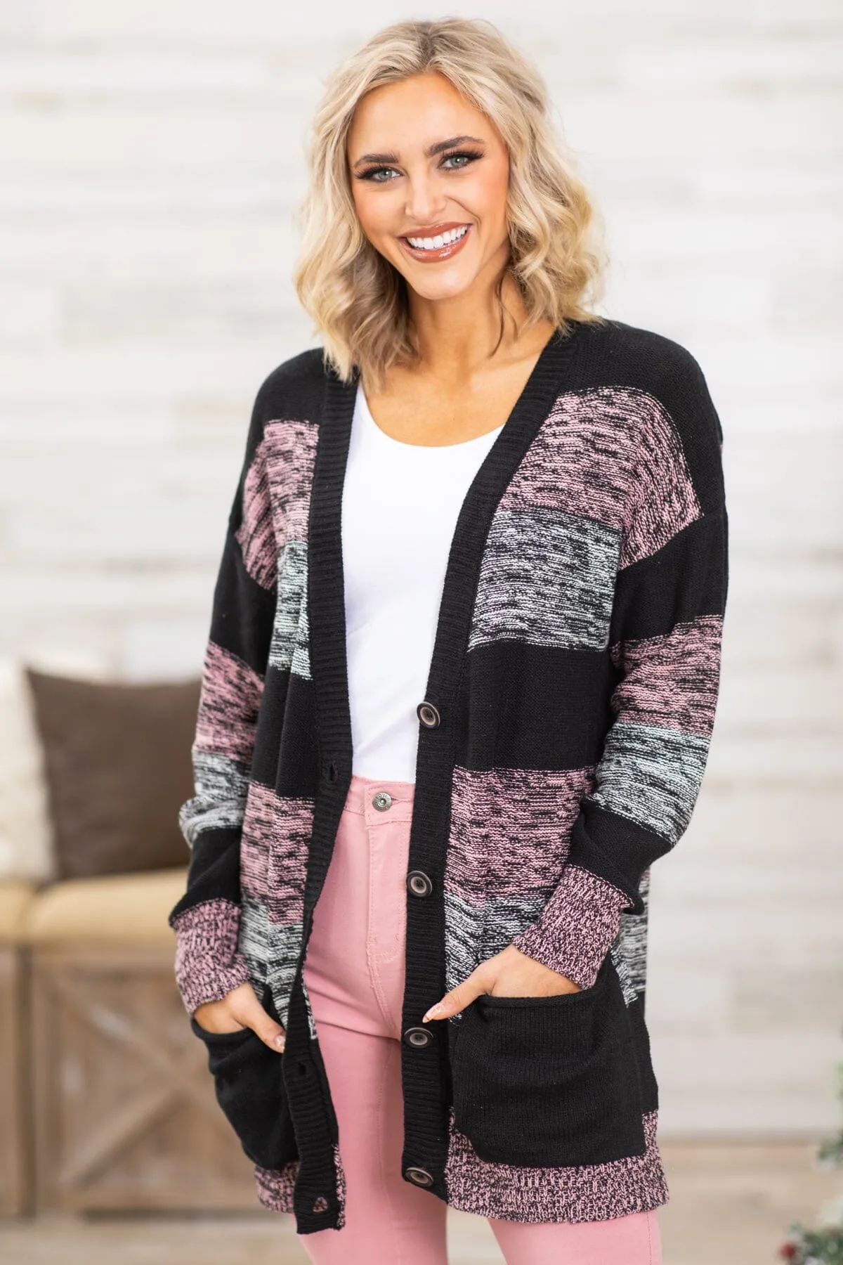 Black and Pink Melange Colorblock Cardigan