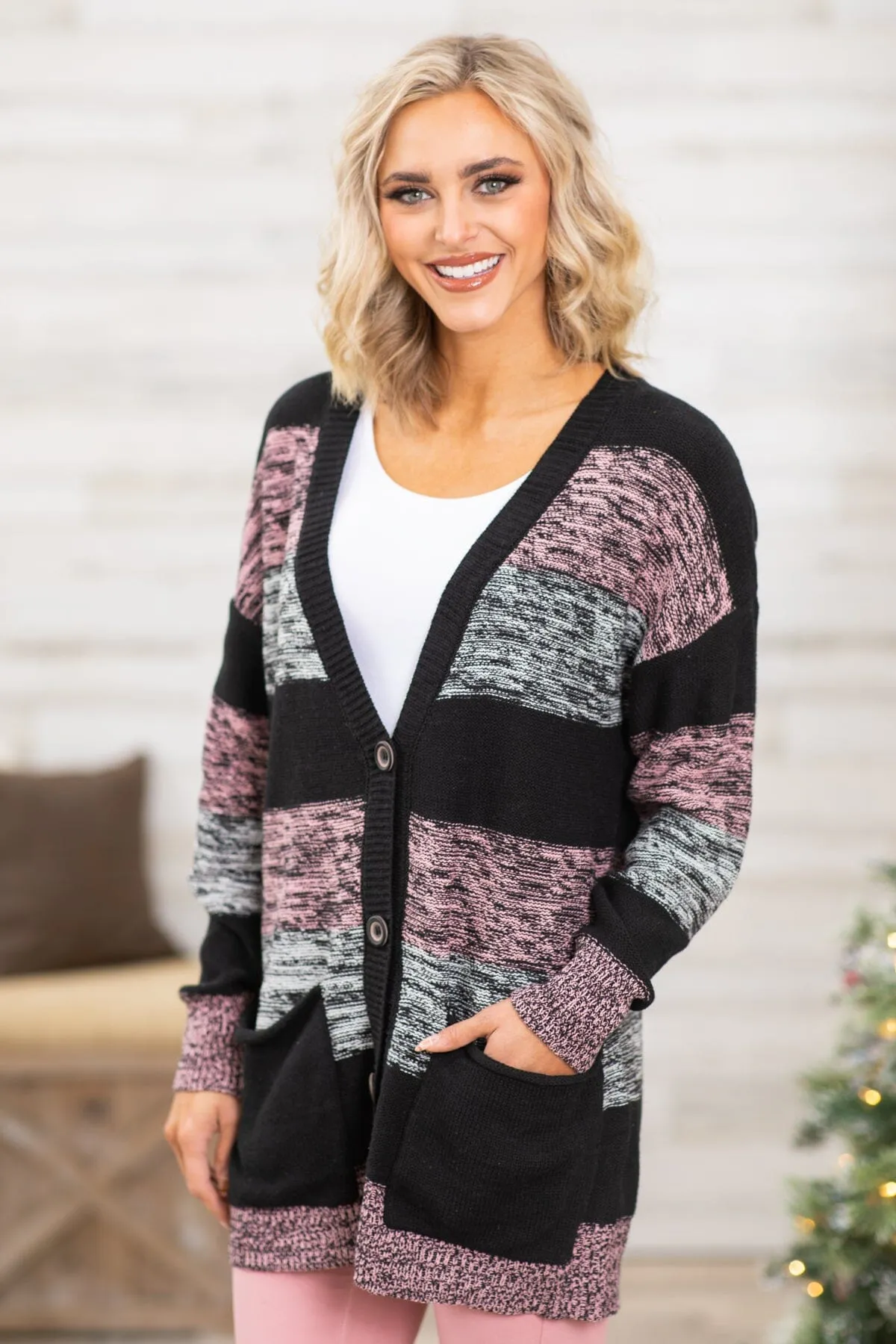 Black and Pink Melange Colorblock Cardigan