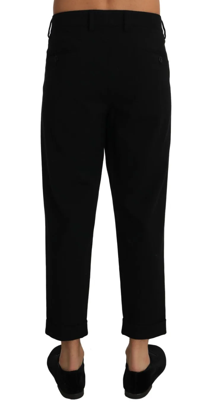 Black Cotton Cropped Stretch Trousers Pants