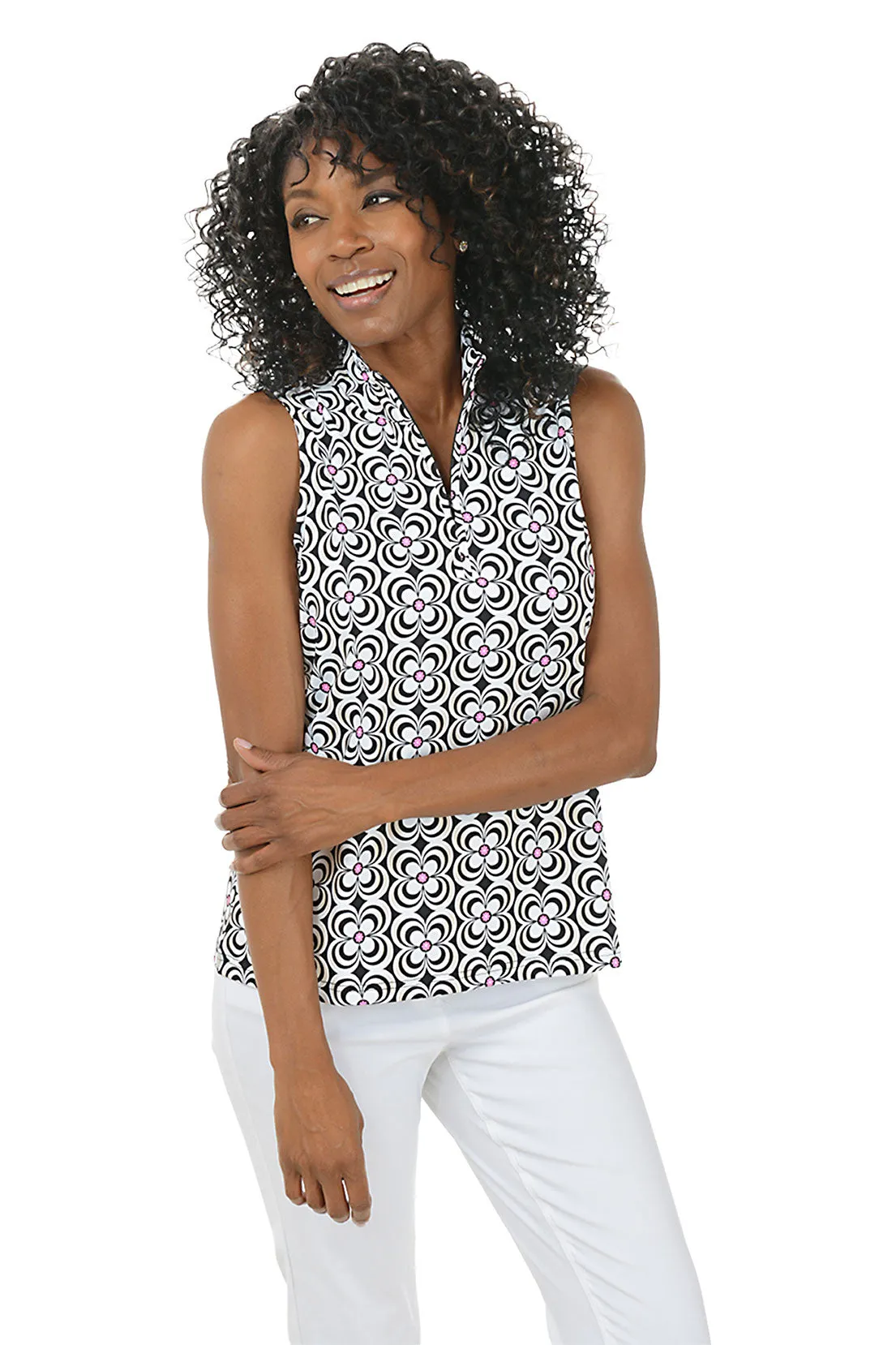 Black Optical Daisy UPF50  Sleeveless Zip Top