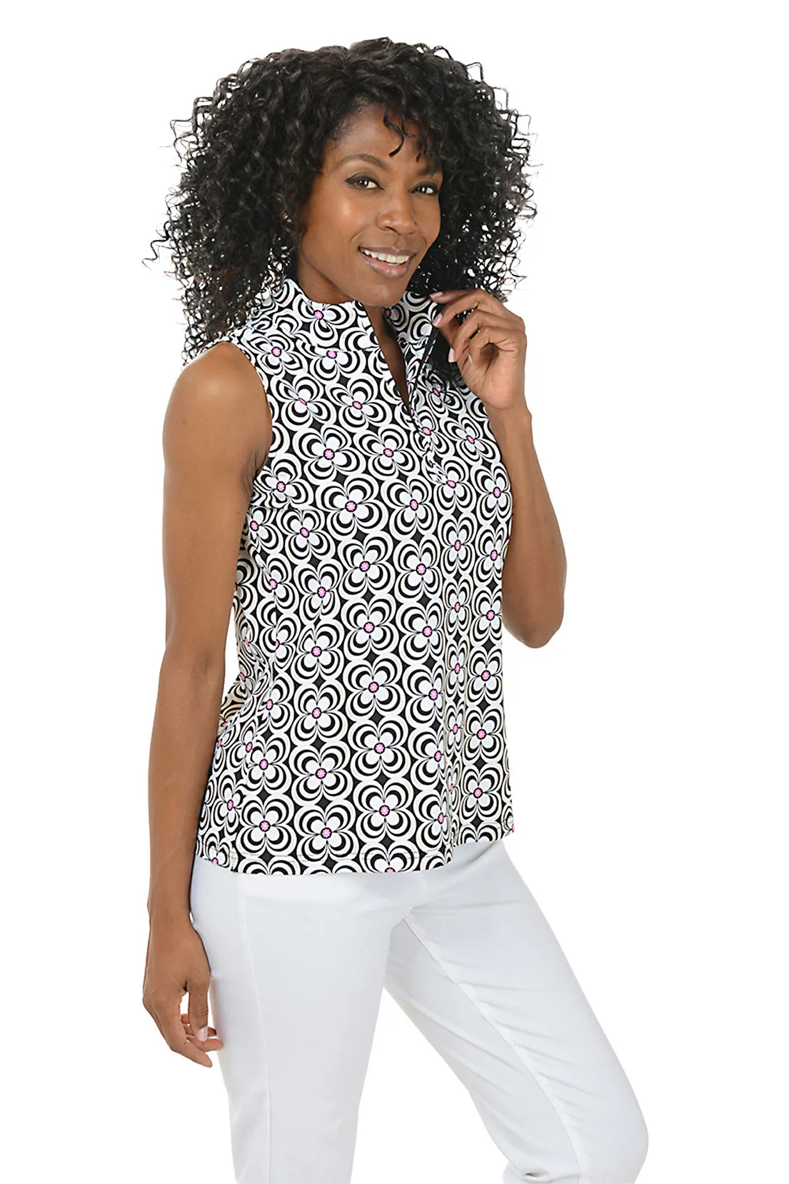Black Optical Daisy UPF50  Sleeveless Zip Top