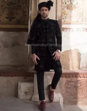 Black Sherwani in Corduroy Fabric with Turban #GN24