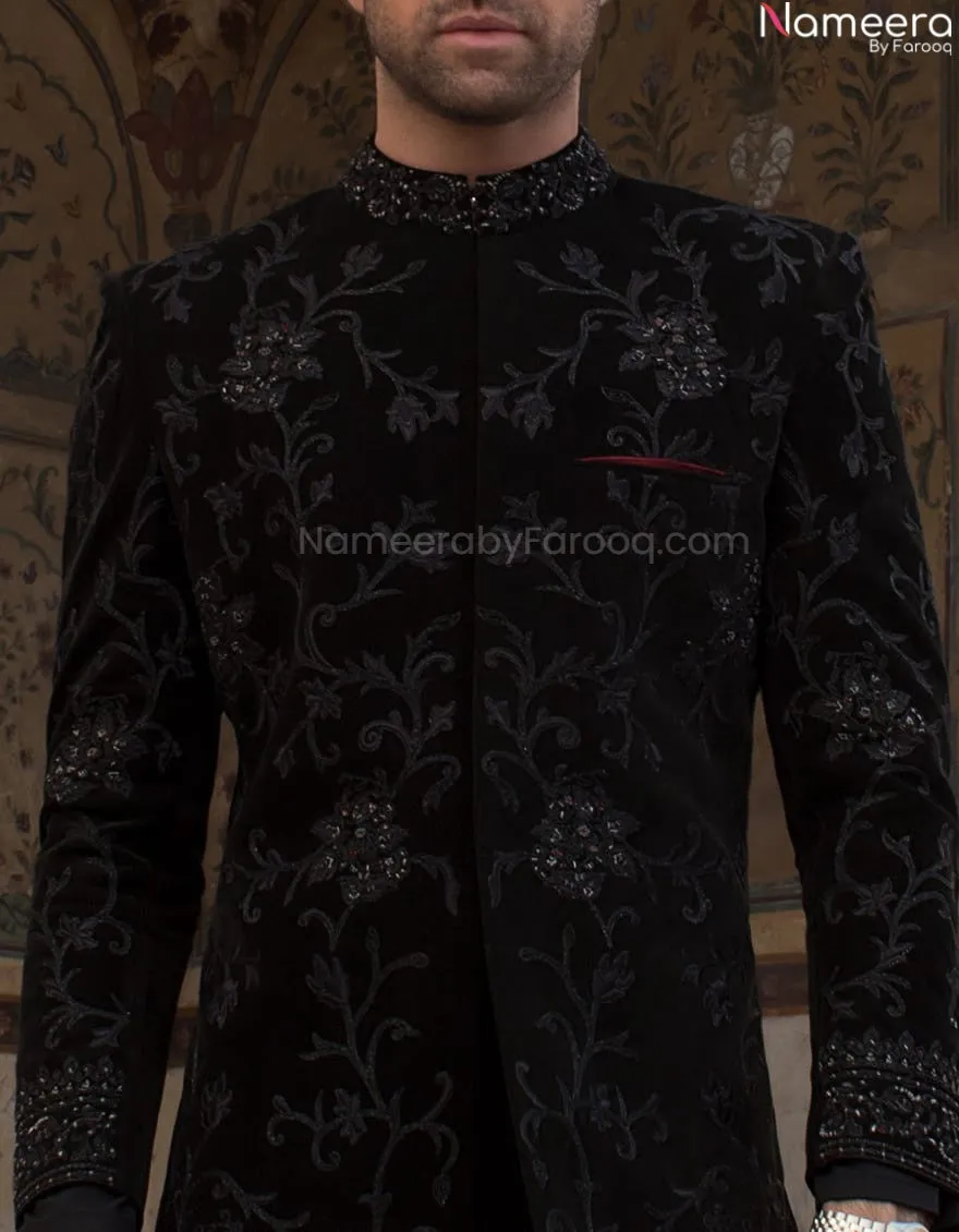 Black Sherwani in Corduroy Fabric with Turban #GN24