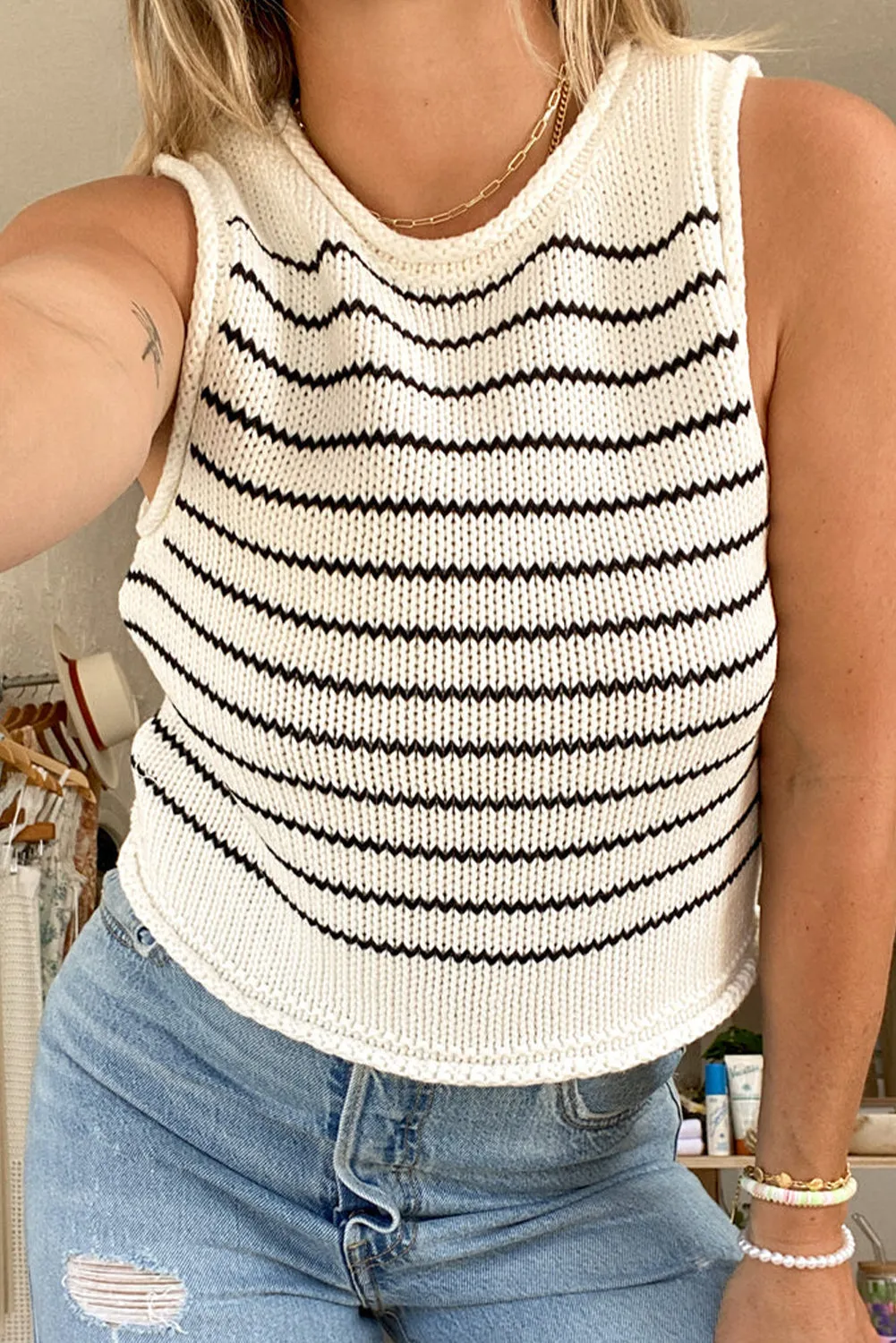 Black Stripe Raw Edge Knitted Sleeveless Sweater