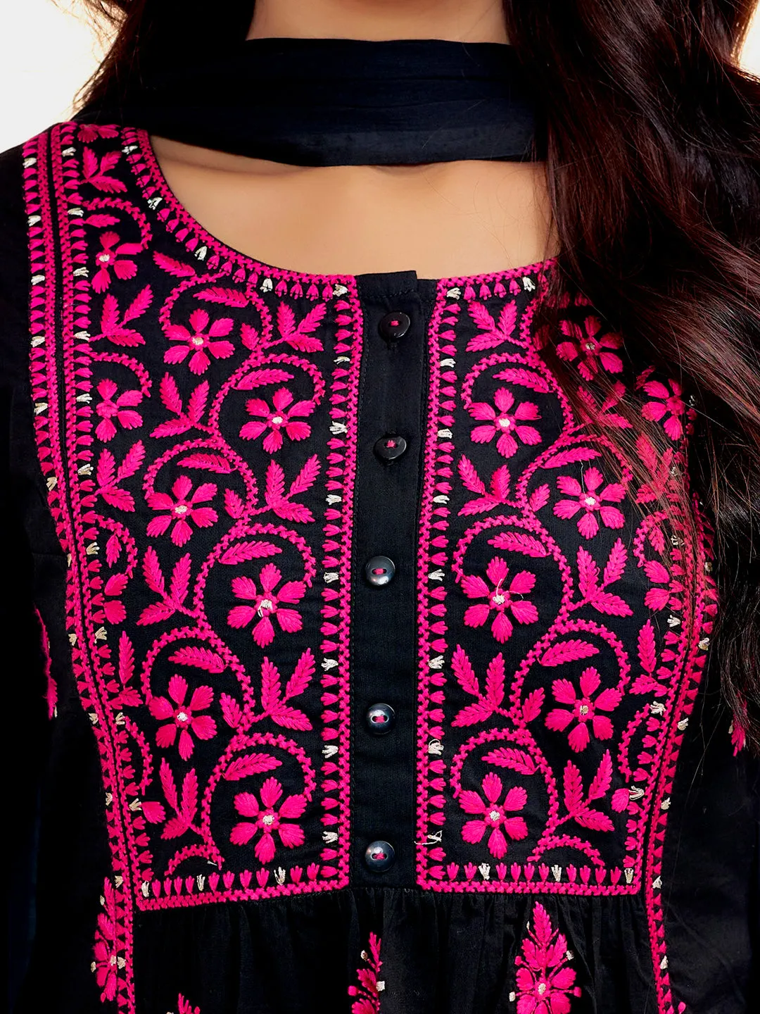 Black Threadwork Festive Pure Cotton Kurta Set With Dupatta