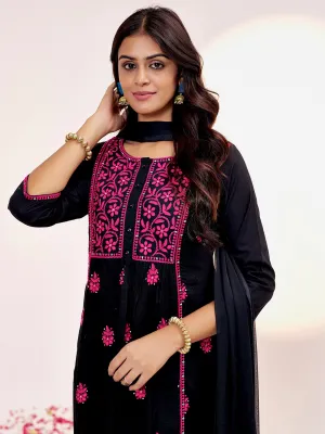 Black Threadwork Festive Pure Cotton Kurta Set With Dupatta