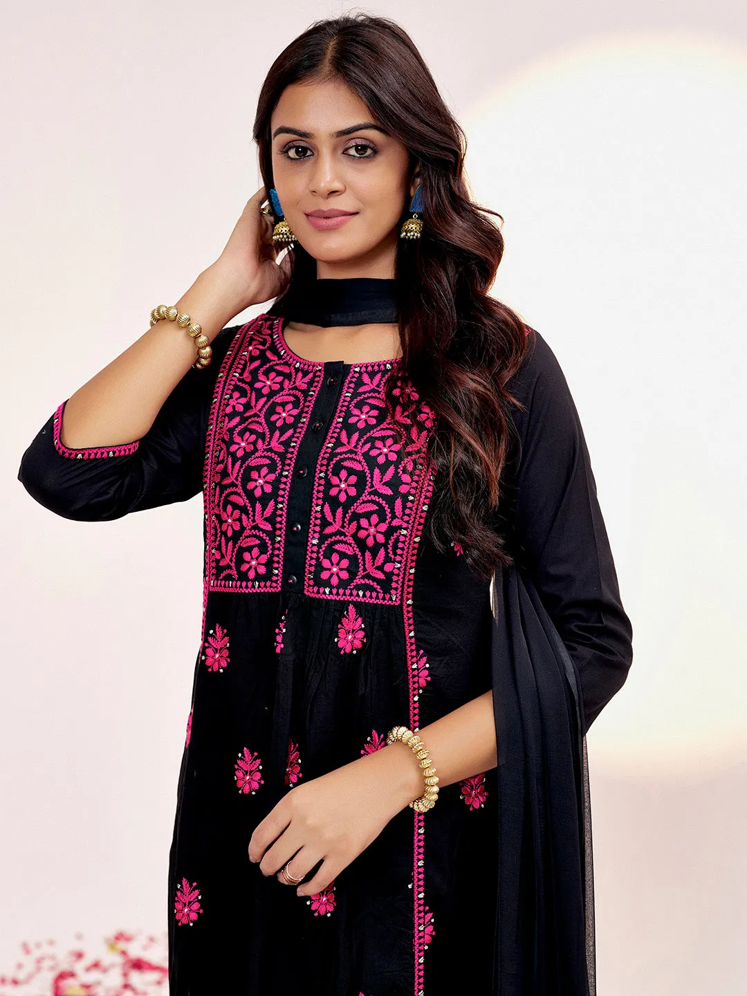 Black Threadwork Festive Pure Cotton Kurta Set With Dupatta