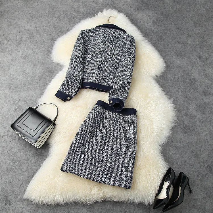 Blue Splicing Denim Single-breasted Coat Skirt Two-piece Set