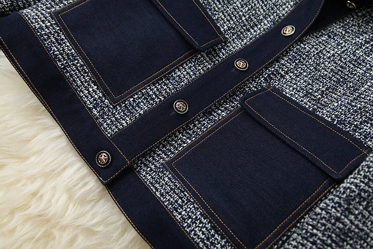 Blue Splicing Denim Single-breasted Coat Skirt Two-piece Set
