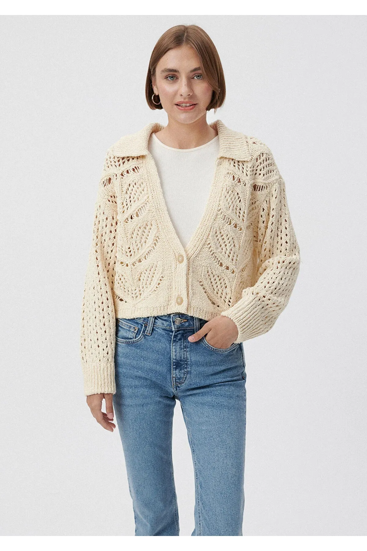 Blue Women's Buttoned Perforated Beige Cardigan