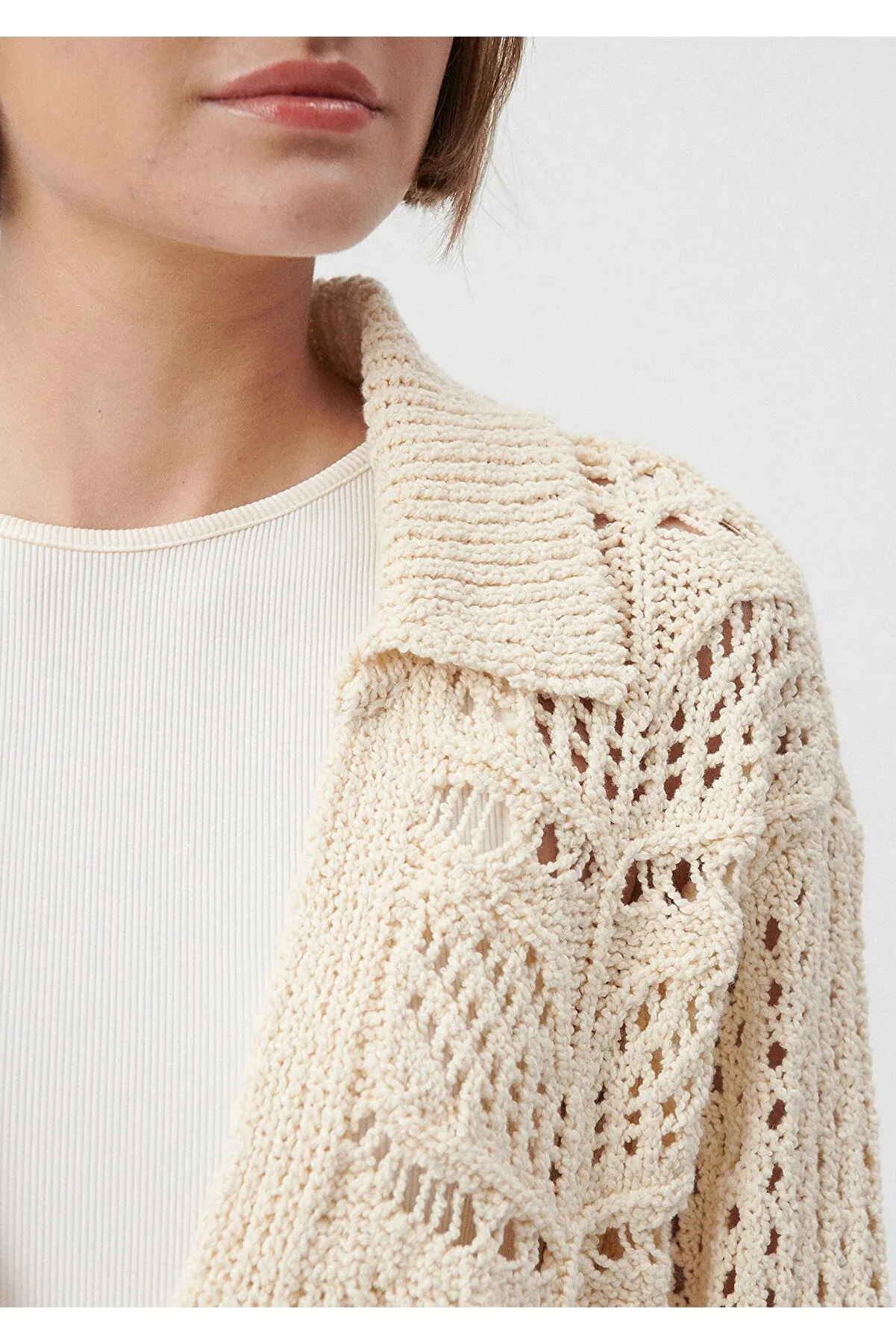 Blue Women's Buttoned Perforated Beige Cardigan