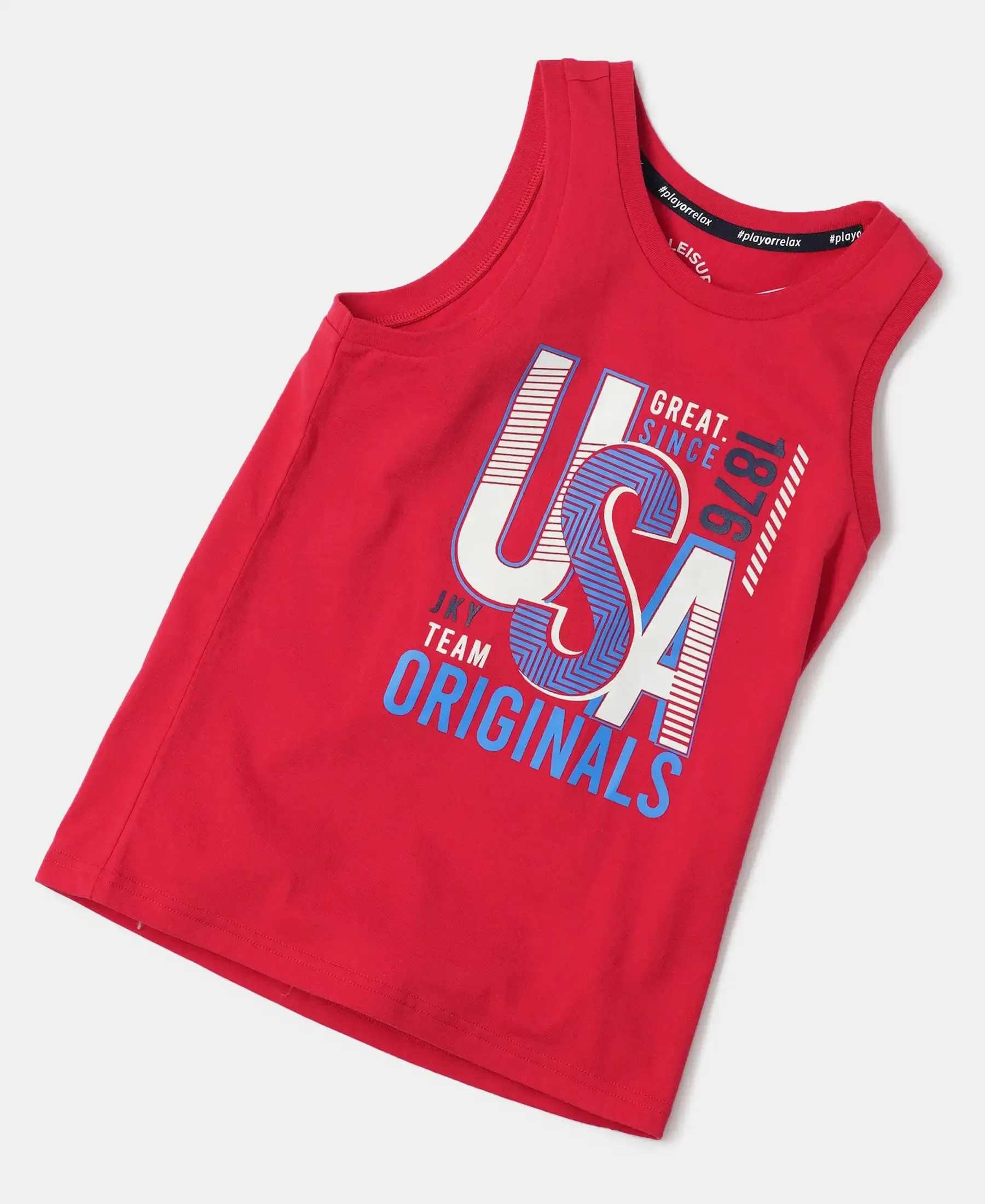 Boy's Super Combed Cotton Graphic Printed Tank Top - Team Red Printed