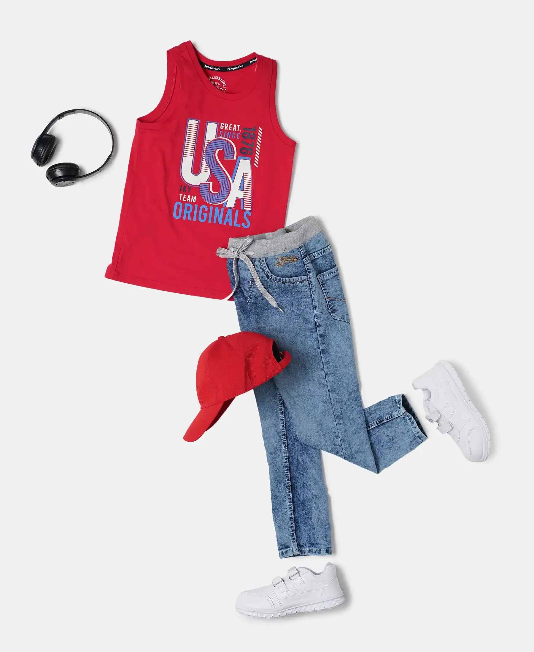 Boy's Super Combed Cotton Graphic Printed Tank Top - Team Red Printed