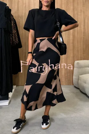 Breezy Composure Unique Print High Rise Elastic Waist Midi Skirt