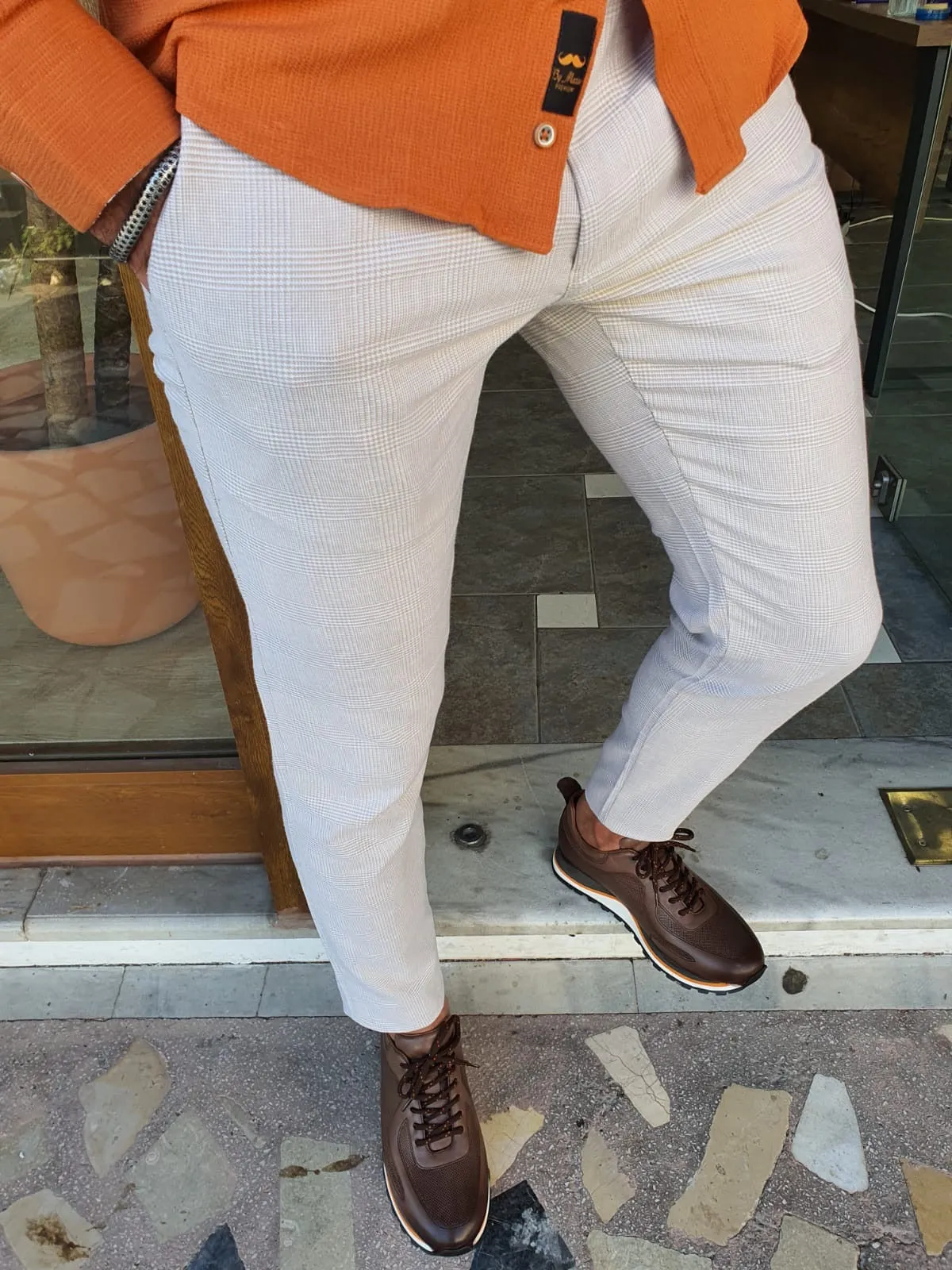 Bristol Beige Slim Fit Plaid Cotton Pants