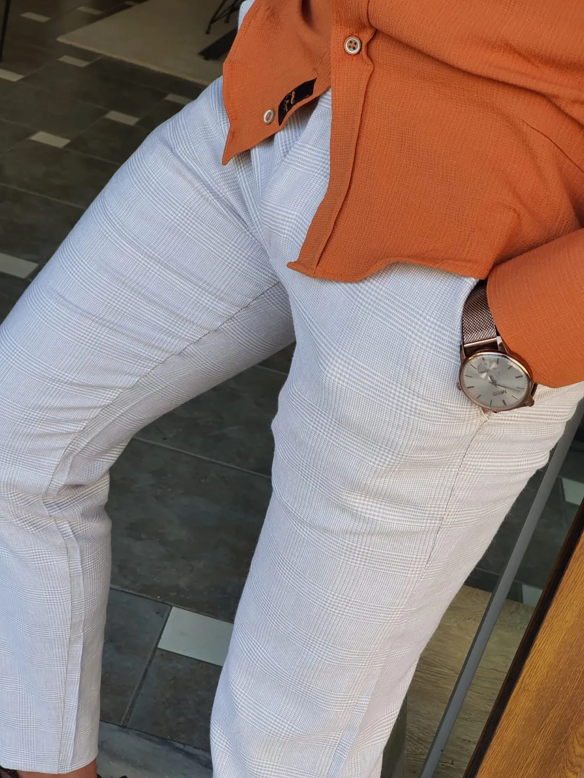 Bristol Beige Slim Fit Plaid Cotton Pants