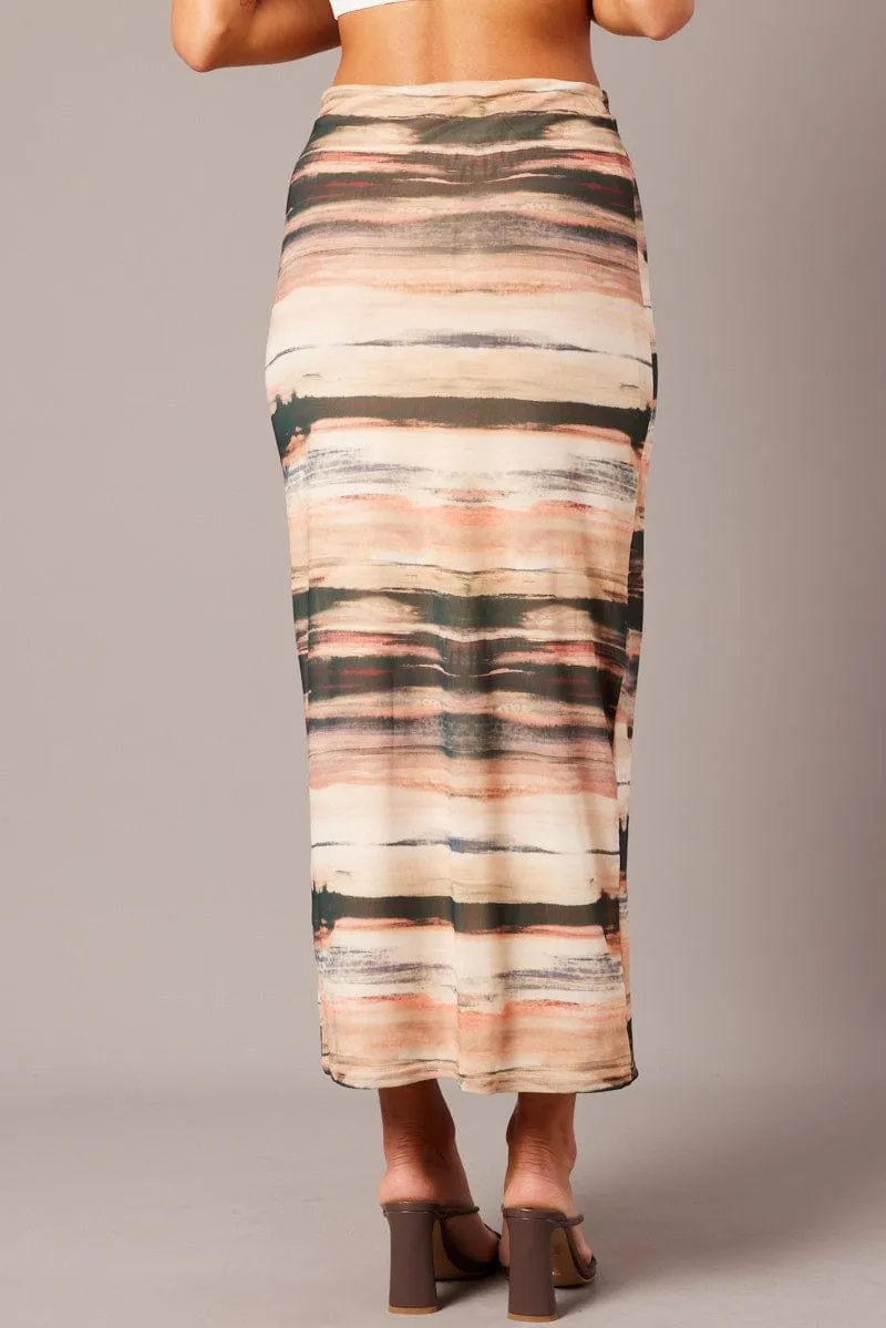Brown Abstract Midi Skirt High Rise Mesh